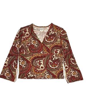 Vtg FIORLINI INTL Blouse Paisley Split Long Sleeves V-Neck Y2K Womens L Red Tan